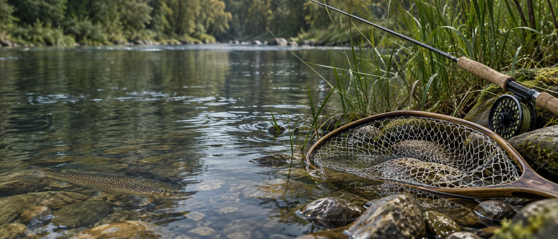 Ruhiger Fluss mit Angelrute, Kescher und Forelle